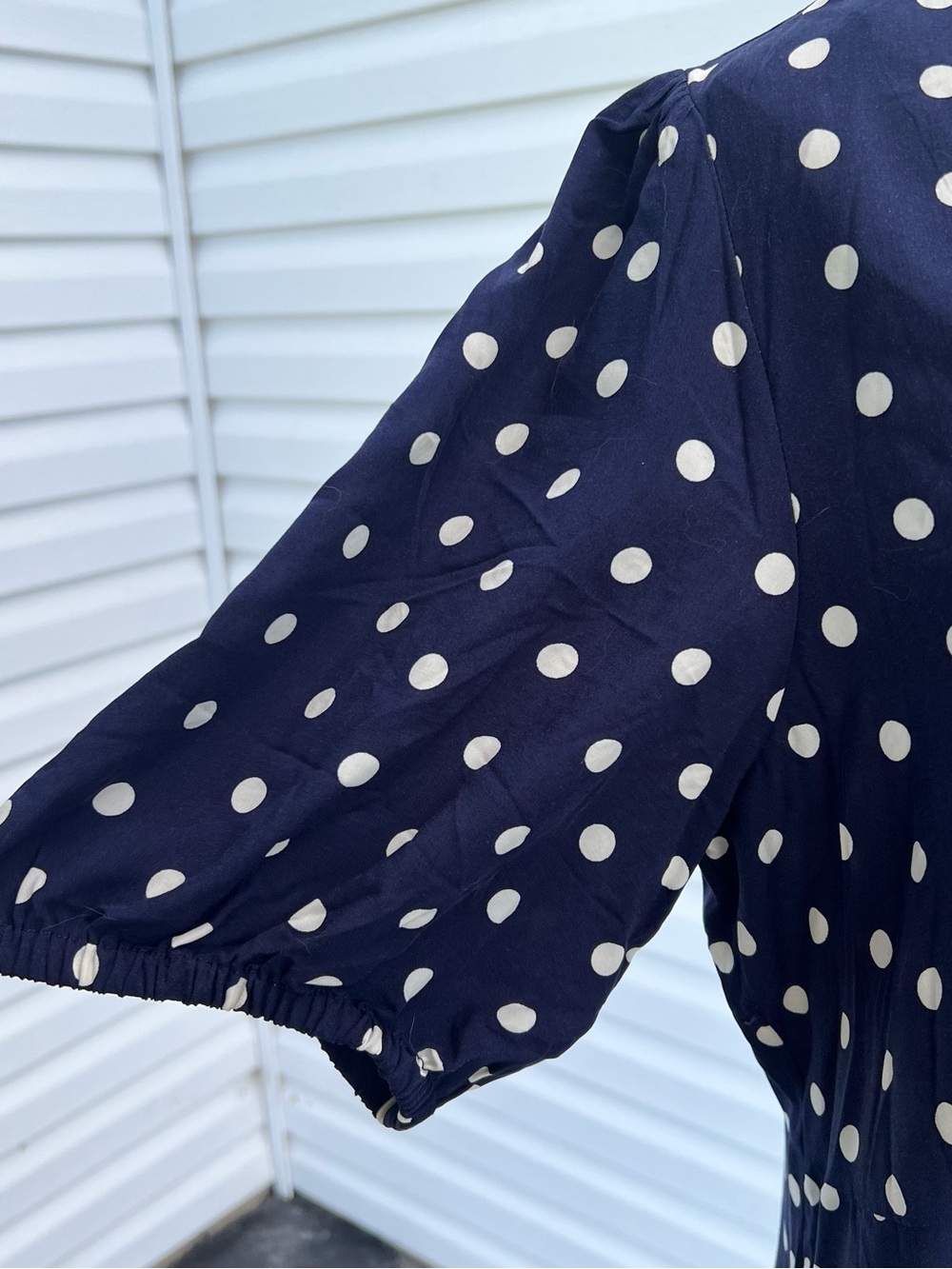 NWT Women’s Large Navy Polka Dot Button Front Dress Puff Sleeve - Picture 3 of 7